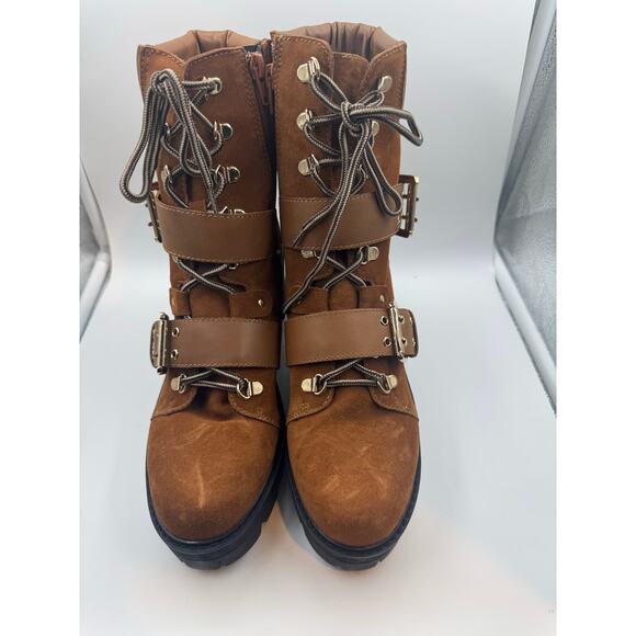 AQUA Genie Buckle Hiker Leather Biker Boots Cognac size 8m Eyes Lace-up Gold new - Picture 13 of 15